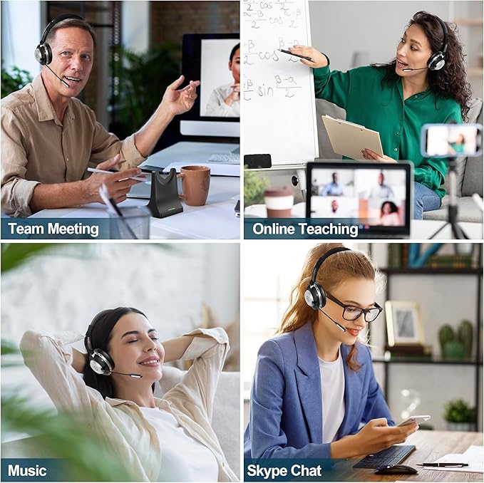Wantek Wireless Headset with Microphone for Work,Bluetooth Headset with AI Noise Cancelling Mic,Mute Button,USB Dongle & Charging Base with Laptop,Computer,Cell Phone,Remote Work,Call Center