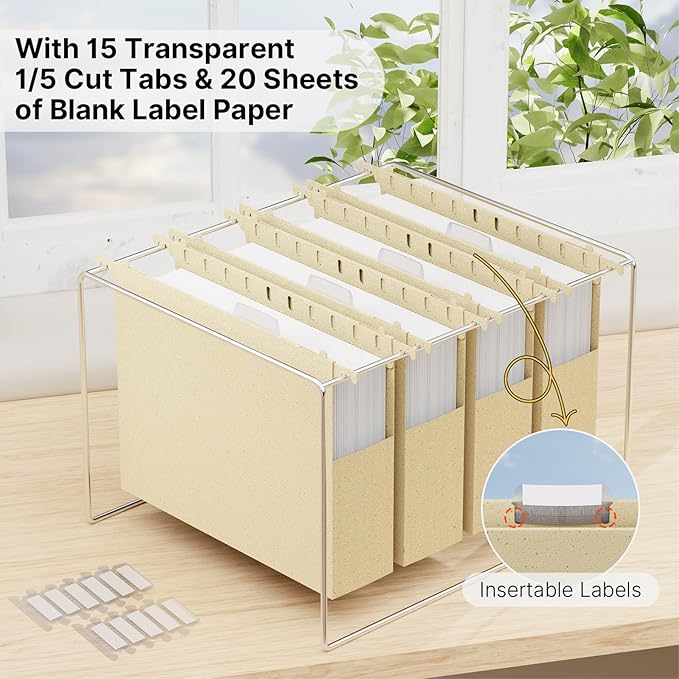 Wheat Straw Extra Capacity Hanging File Folder,Letter Size 2 Inch Expanding Plastic File Cabinet Folders,Heavy Duty Hang Folders with Tabs,Accordian Pocket for File Frame Box(Morandi Yellow)
