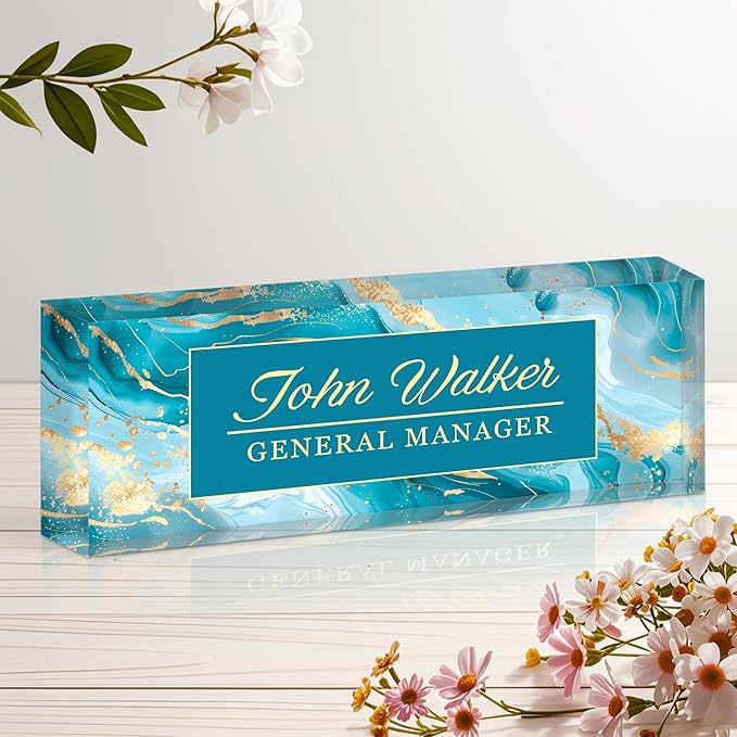 Personalized Name Plate for Desk, Custom Acrylic Desk Name Sign, Office Appreciation Gifts for Women Men Coworkers Boss Teacher Employee (Blue Marble)