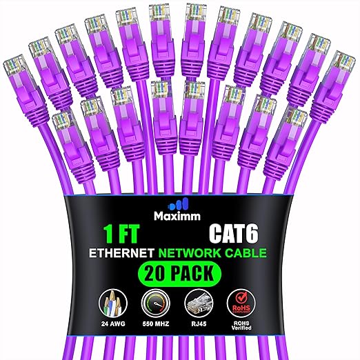 Maximm Cat 6 Ethernet Cable 1 ft (20-Pack) - High-Speed LAN Cable, Internet Cable, Patch Cable, and Network Cable - UTP, 10Gbps, 550MHz Ethernet Cord - Purple