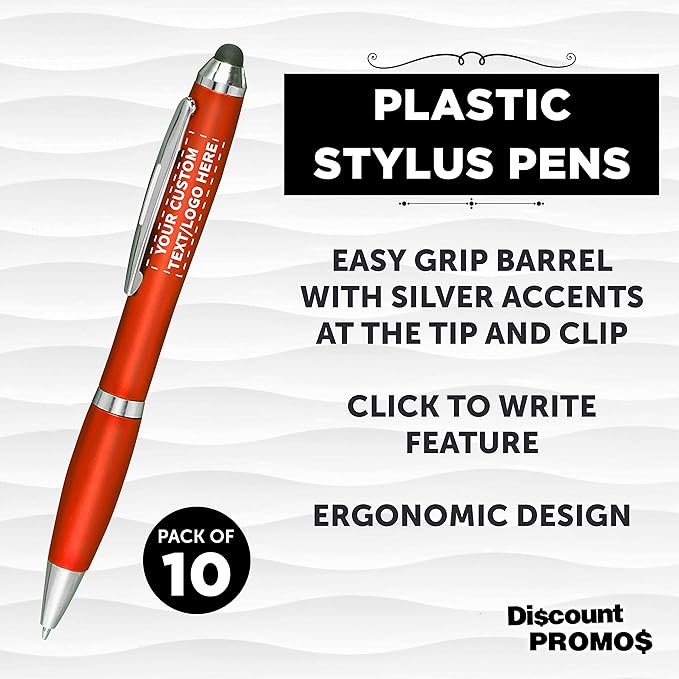 DISCOUNT PROMOS Custom Plastic Stylus Pens Set of 10, Personalized Bulk Pack - Black Ink, Great for Office, School, Business, Tradeshows, Events - Orange