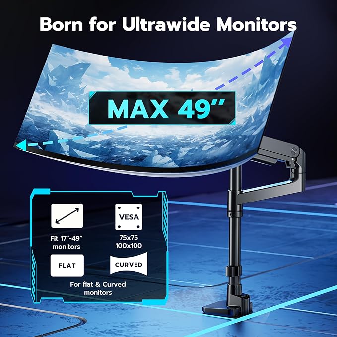 ARES WING Single Monitor Arm Desk Mount for 17-49 Inch Ultrawide Monitors, Heavy Duty Single Monitor Arm Holds 44 lbs, Full Motion Gas Spring Vertical Desk Mount, 75/100 VESA Mount, Black