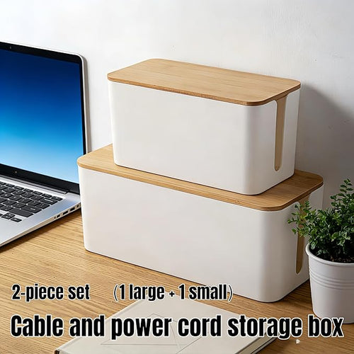 1Large+1Small Cable Organizer Set-2-Piece Home Office Desk Wire Management Storage Box,Cable Storage Box(Bamboo lid/White)