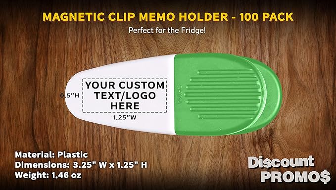 100 Magnetic Memo Holders Set - Customizable Text, Logo - Large Clip, Plastic - White Green
