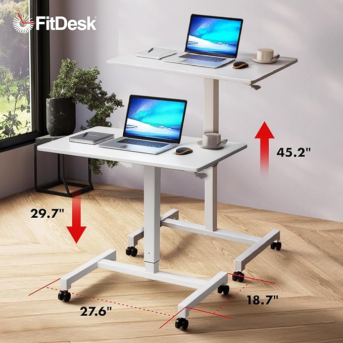 FitDesk Portable Laptop Desk, Rolling Standing Workstation Adjustable Height, Compact Standing Table with Large Surface, Small Stand Desk for Home Office, 30 lb Weight Limit – White, 27" Tabletop