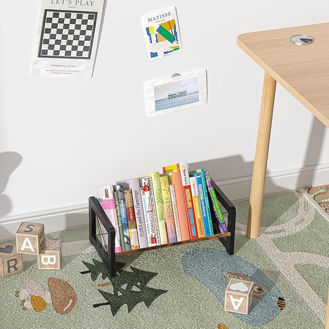 ELITEROO Desktop Bookshelf Organizer, Wood Slanted Desk Bookshelf, Small Tabletop Book Rack, Portable Mini Bookcase for Book Display, Cookbooks, Kids Reading, Office & Home Storage, Rustic Brown