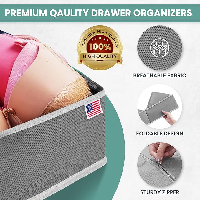 RFAQK 18 Pack Drawer Organizer Clothes-3 Sizes Dresser Organizer for Underwear Closet, Baby Clothes Organizer for Wardrobe-Foldable Fabric Drawer Dividers for Bedroom,Lingerie,Undies,Bra-Grey