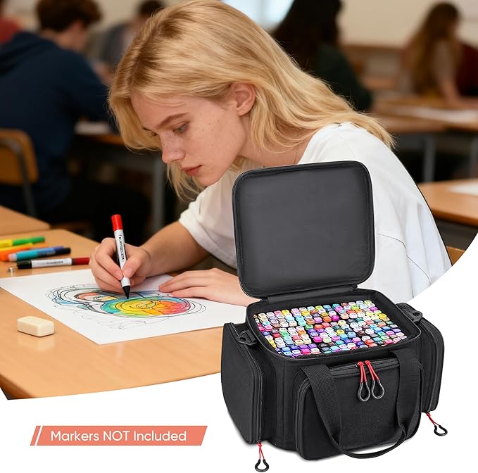Large Marker Organizer Case for 200-300 Markers, Art Marker Storage Bag with Removable Dividers & 4 Pockets for Paint Markers, Shoulder Strap, Pencil Alcohol Marker Holder