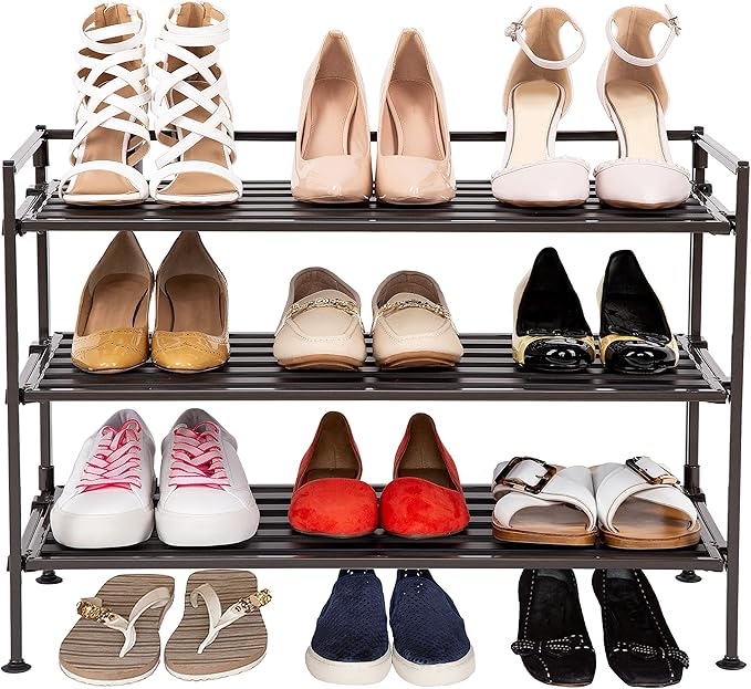 Seville Classics Sturdy Freestanding Storage Shelf for Bedroom, Closet, Entryway, Dorm Room Organizer Stackable Durable Metal Shoe Rack Espresso Slat, 3-Tier (NEW MODEL)