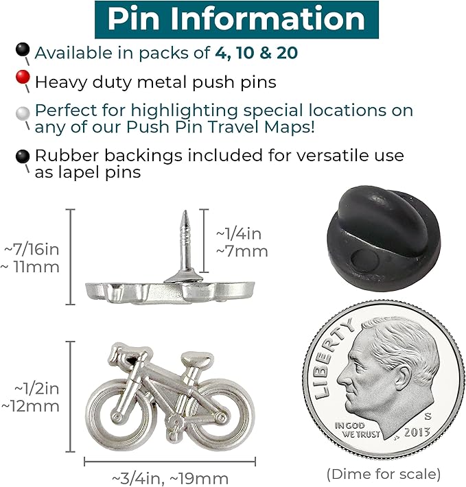 Bicycle Push Pins - Silver Metal Bike Pins - for Cork Board, Maps, or Lapel Pin Use - Designed in USA - Set of 20