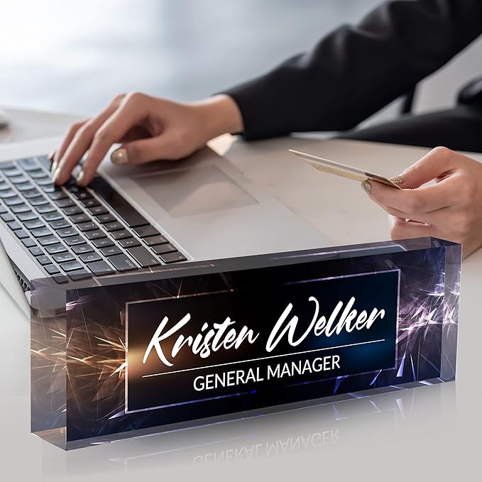 Desk Name Plate Personalized, Premium Business Classic Blue Acrylic Desk Name Plate, Personalized Name Plate for Desk, Office Decor for Women or Men Coworkers, Boss, Employee, Teacher