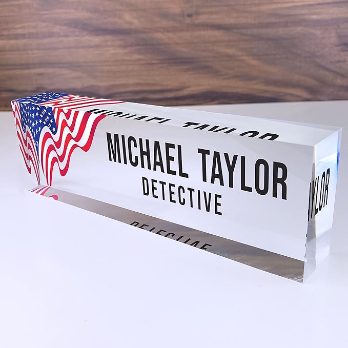 Artblox Office Desk Name Plate Personalized | Custom Name Plates for Desks | Us Flag Design On Clear Acrylic Glass | Office Desk Decor - (8" x 2.5")