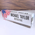 Artblox Office Desk Name Plate Personalized | Custom Name Plates for Desks | Us Flag Design On Clear Acrylic Glass | Office Desk Decor - (8" x 2.5")