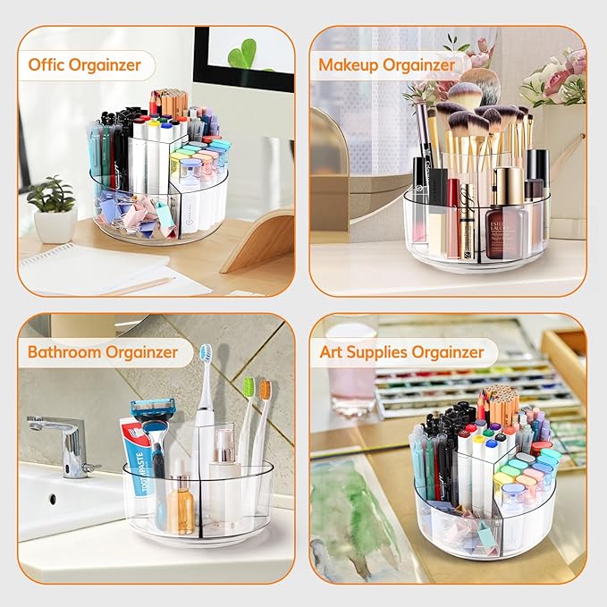 Rotating Pencil Holder for Desk, 5 Slots 360-Degree Spinning Acrylic Pen Holder for Desk, Marker Holder Caddy Art Supply Organizer Pen Organizer for Office Home School