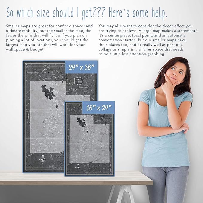 Conquest Maps Push Pin Utah Map Board - With Push Pins to Mark Utah Travels - Handmade in Ohio, USA - Design: Modern Slate