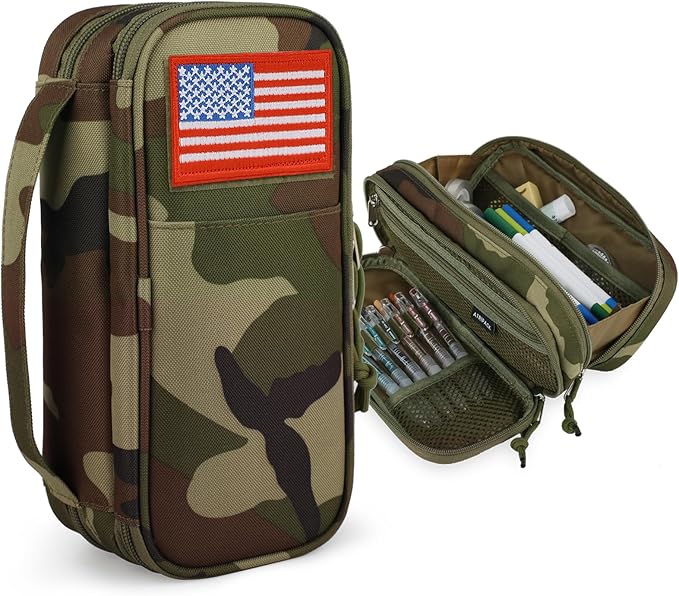 Tactical Pencil Case for Boy,Large Capacity Pencil Pouch,Marker Organizer Case Pen Box, Tool Bag Desk Organizer for School College Office Organizers for Kids Men Women Adult Teens(Camo Green)
