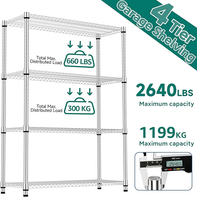 4 Tiers Shelf Metal Storage Shelves 2640 lbs Steel Storage Shelving Utility Shelving Unit Steel Organizer Wire Rack for Home,Kitchen,Office,Garage Chrome 17.7" D x 47.2" W x 70.3" H