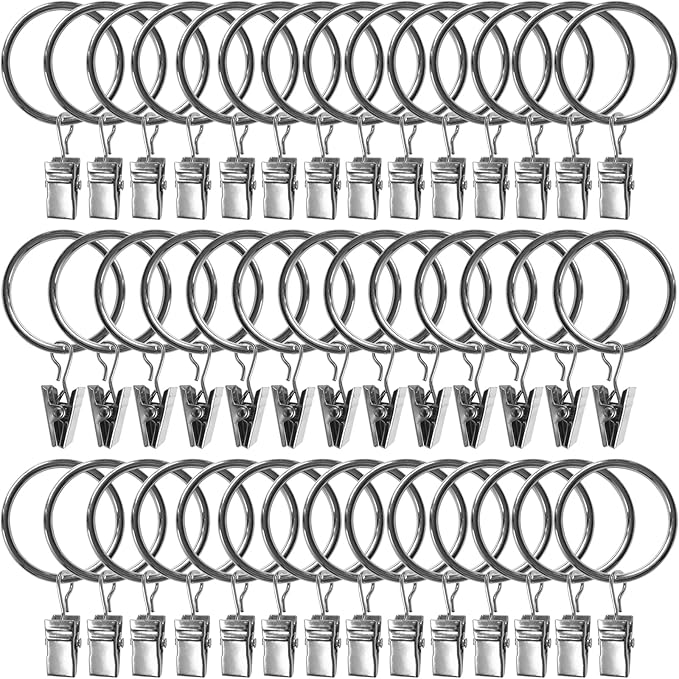 AMZSEVEN 100 Pack Curtain Rings with Clips, Drapery Clips with Rings, Drapes Rings 1.26 in Interior Diameter, Fits up to 1 Inch Curtain Rod, Silver