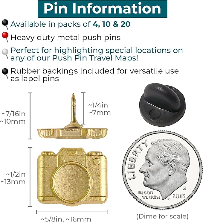 Camera Push Pins - Gold Metal Camera Pins - for Cork Board, Maps, or Lapel Pin Use - Designed in USA - Set of 20