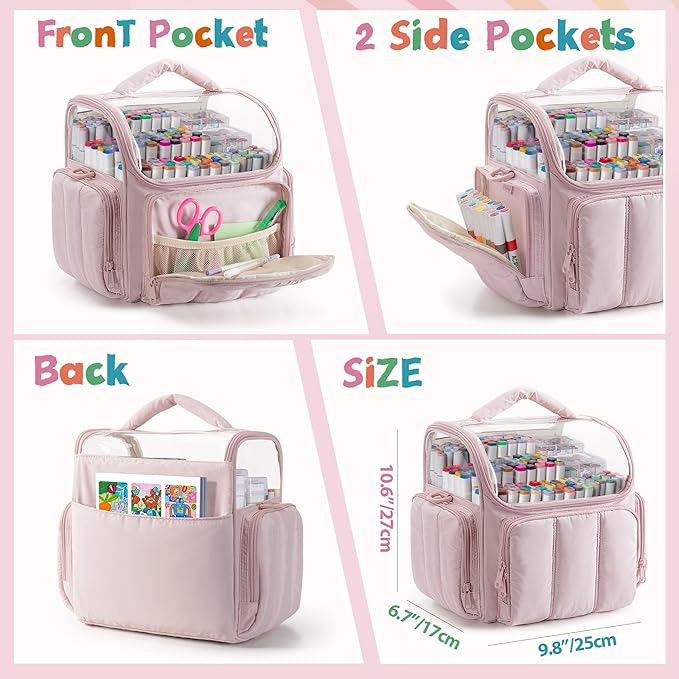 Puffy Marker Organizer Case for 210 Markers, Large Marker Storage Bag with Shoulder Strap for Adults, Artists, Teachers, Coloring Enthusiasts, Marker Holder Organizer, Pink (Patented Design)