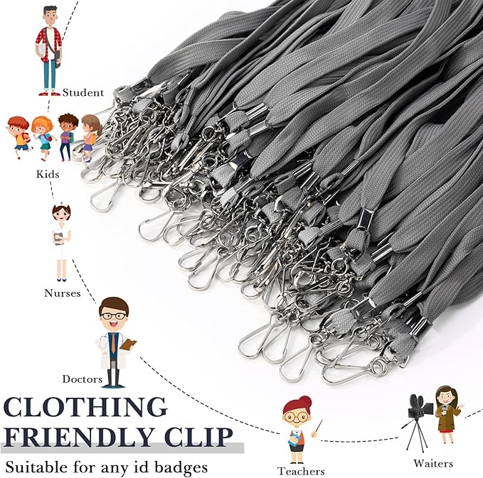 Epakh 100 Pcs Lanyards Bulk for ID Badges Gray Flat Badge Neck Lanyards with Swivel J Hook Clip for Student Teacher