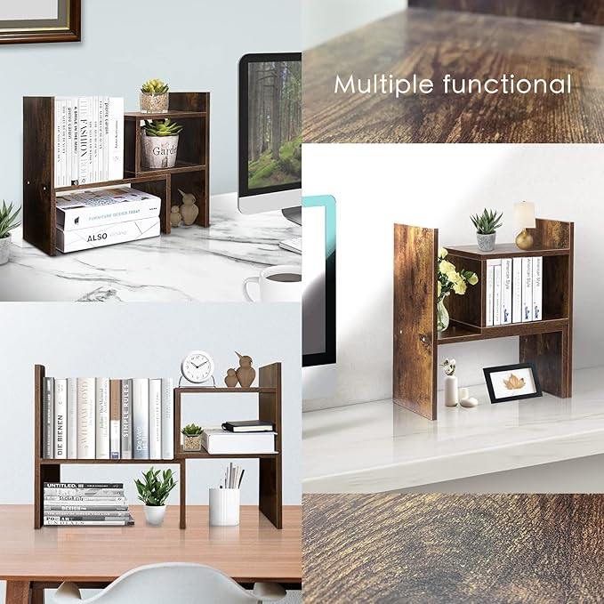 BROWN-BROWN Desktop Shelves & Office Shelves Desk Shelf Organizer Wooden Desk Shelf