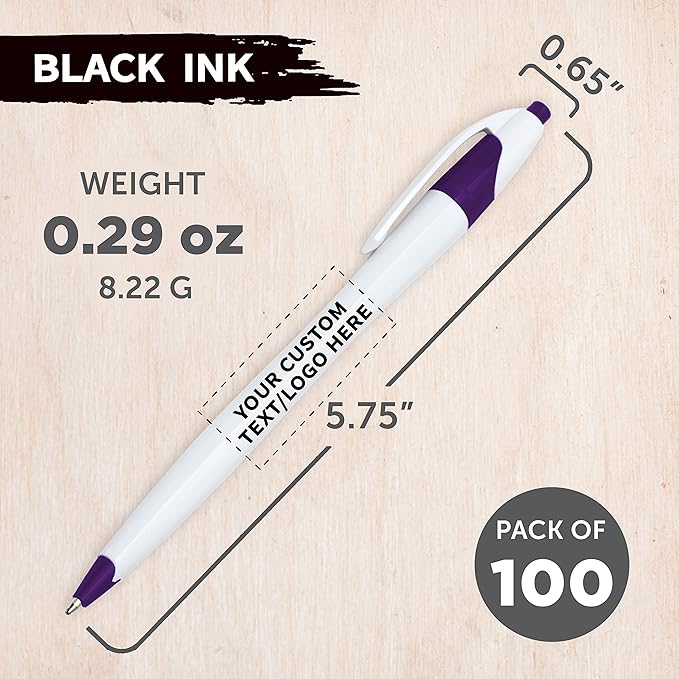 DISCOUNT PROMOS Custom Slim Curvy Ballpoint Pens Set of 100, Personalized Bulk Pack - Black Ink, Retractable, Great for Office, School, Tradeshows - Purple