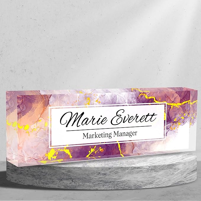 Personalized Name Plate for Desk Custom Acrylic Desk Name Plate Custom Employee Appreciation Gifts Office Gifts for Women, Men, Boss, Coworkers, Teacher, Nurse (Purple Marble)