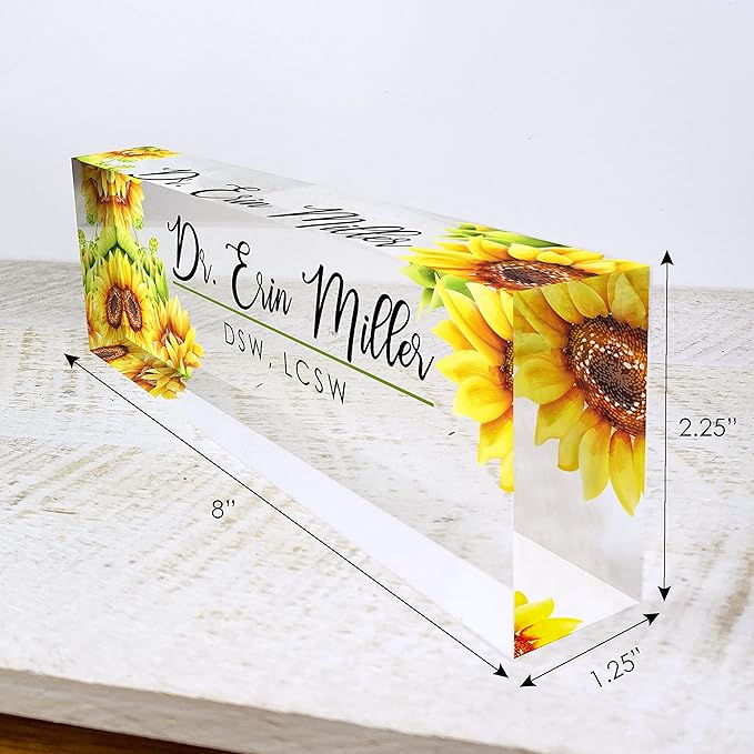 Artblox Office Desk Name Plate Personalized | Custom Name Plates for Desks | Sunflowers Design On Clear Acrylic Glass | Office Desk Decor - (8" x 2.5")