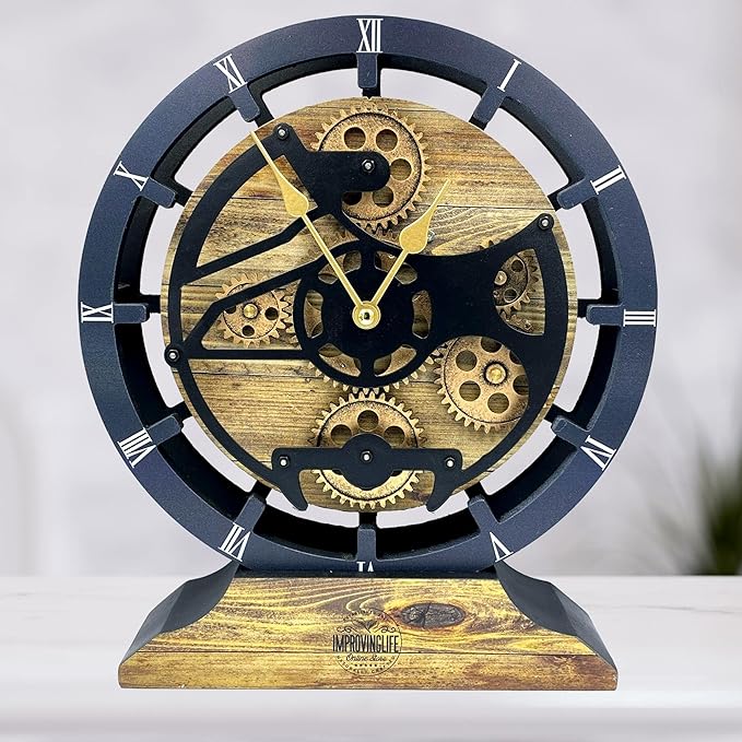 The Gears Clock Desk Clock 10 inches with Real Moving Gears Convertible into Wall Clock (Gold Antique)