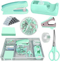 Green Office Desk Accessories, Green Office Supplies Set, Desk Drawer Organizer,Stapler and Tape Dispenser Set,Tape,Staple Remover, Staples, Paper Clips, Scissor and Sticky Note