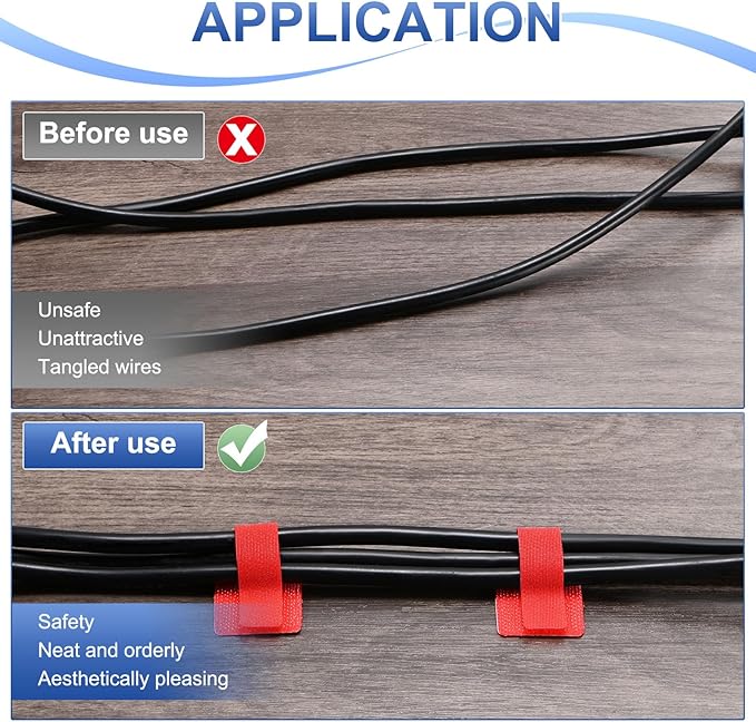 40-Pack Hook and Loop Cable Ties, 3.5 x 1.1 Inch Enhanced Self-Adhesive Cord Organizer for Desk/Home/Wall/Office Essentials, Cable Management Under Desk [Red]