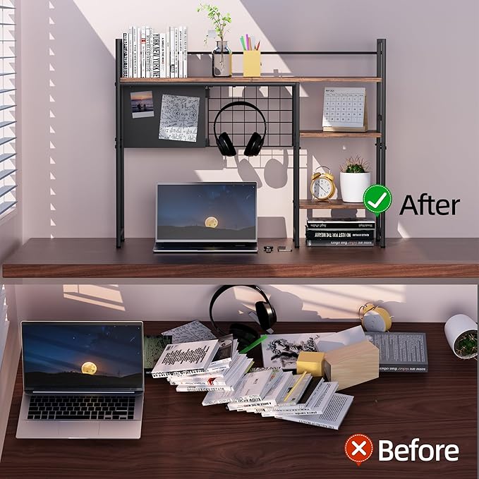 38.5" 3-Tier Desktop Bookshelf | Desk Organizer Shelf & Computer Monitor Stand | Dark Brown Home Office Storage