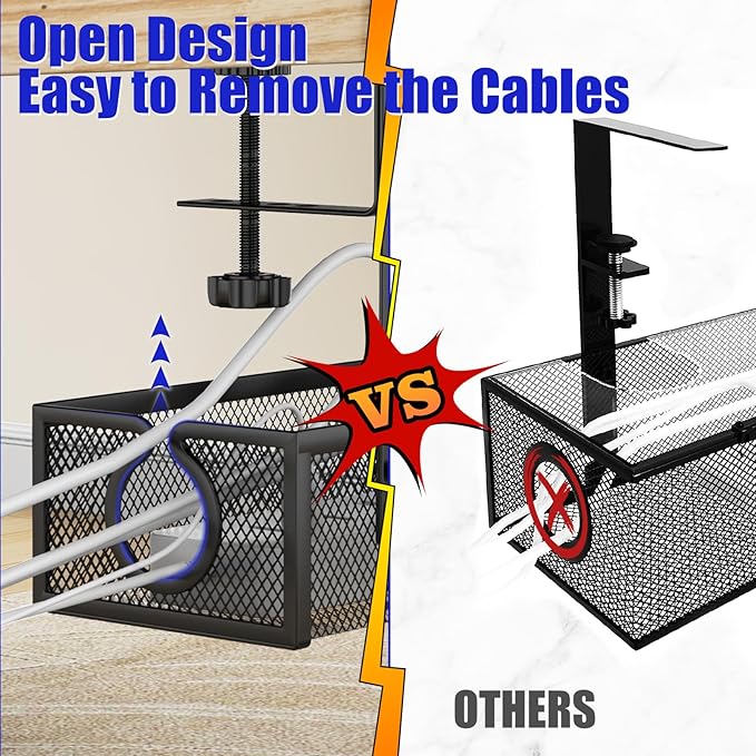REFLYING Under Desk Cable Management Tray, Metal Long Arms (3.9in), No Drill Mesh Cable Tray, Wire Organizer, 1 Pack, Black