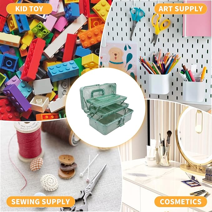 12.2inch 3-Layer Art & Craft Storage Box, Beautiful Sewing Supplies Organizer, Plastic Portable Tackle Boxes, Multipurpose Container for Art Supply Cosmetics Hair Accessories Painting Tools (Green)