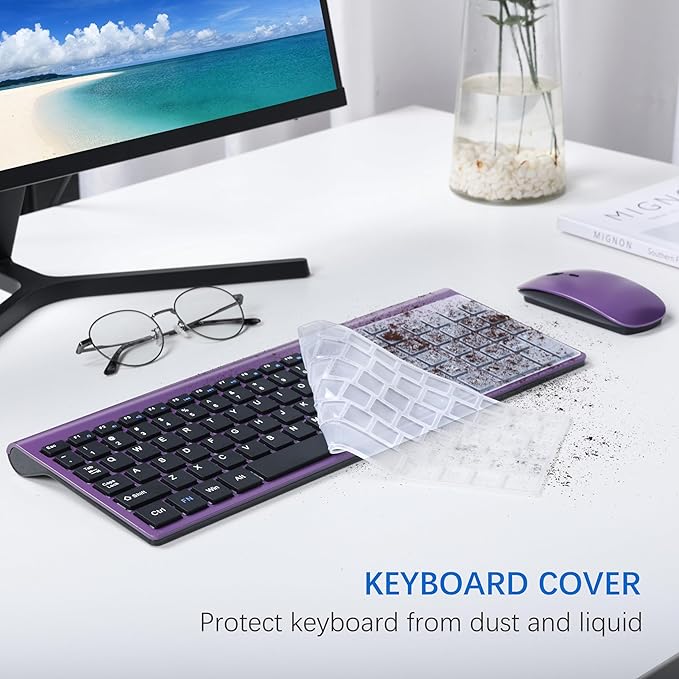 Wireless Keyboard and Mouse Ultra Slim Combo, TopMate 2.4G Silent Compact USB 2400DPI Mouse and Scissor Switch Keyboard Set with Cover, Batteries Included, for PC/Laptop/Windows/Mac - Purple Black