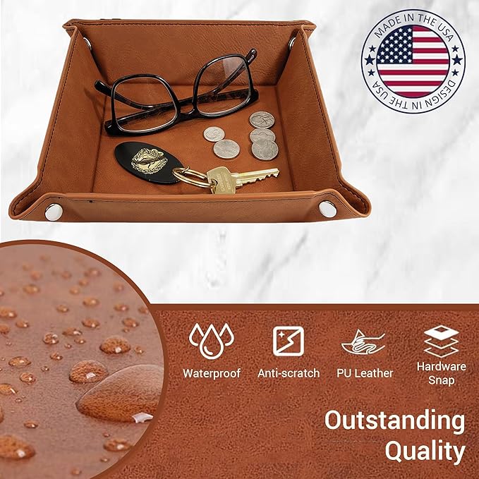 Personalized Valet Tray, Custom Engraved Leather Keys Tray for Men - Catchall Tray Organizer for Entryway Table, Unique Dad Birthday Gift from Daughter Son, Father Day (Monogrammed)
