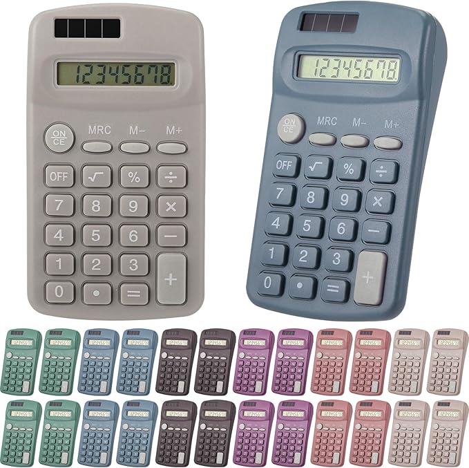 24 Pcs Operation Christmas Pocket Size Solar Calculators Bulk for Classroom Mini Basic Calculator Solar Battery Dual Power 8 Digit Display for Kids Student School Office Accounting Tool