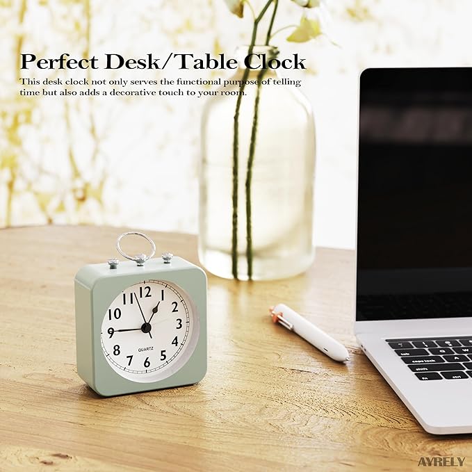 AYRELY® Battery Operated Alarm Clock with Square Metal Case,No Ticking Analog Quartz, Simple Operation for Bedroom/Travel/Desk/Kids(Green)