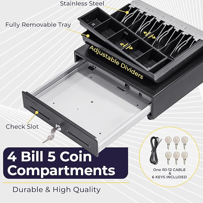Volcora 13" Cash Register Drawer for Point of Sale (POS) System with Fully Removable 2 Tier Cash Tray, 4 Bill/5 Coin, 24V, RJ11/RJ12 Key-Lock, Double Media Slot, Small Money Drawer, Black