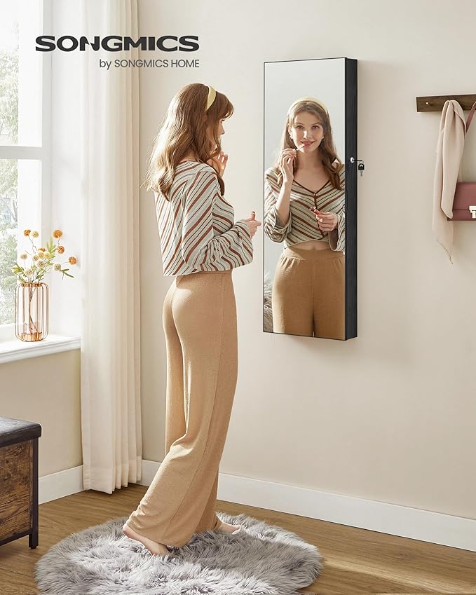 SONGMICS Hanging Jewelry Cabinet, Wall-Mounted Cabinet with LED Interior Lights, Door-Mounted Jewelry Organizer, Full-Length Mirror, Gift Idea, Ink Black UJJC099B01