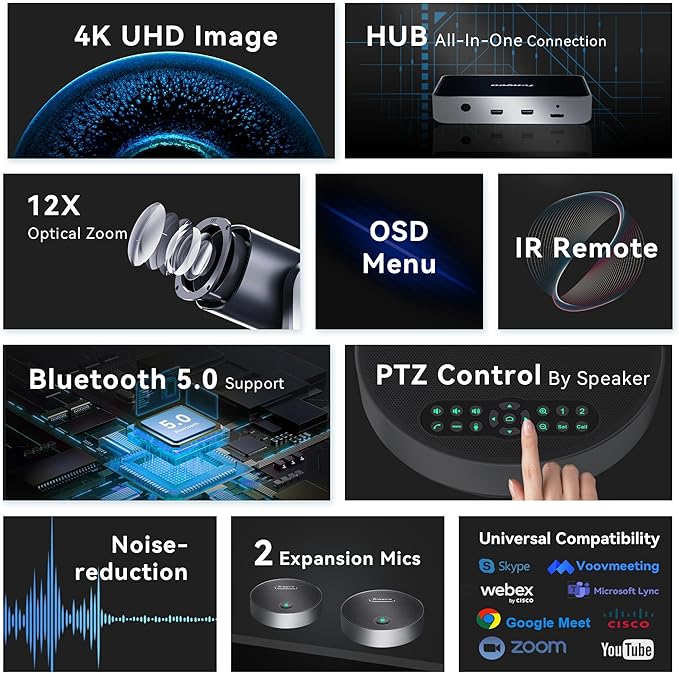 Tenveo 4K PTZ Conference Room Camera System, AI Auto-Tracking 12X Optical Zoom USB3.0 HDMI PTZ Camera and Bluetooth Speakerphone with 2 Expansion Mics Kit Wide Angle for Large Room Meetings