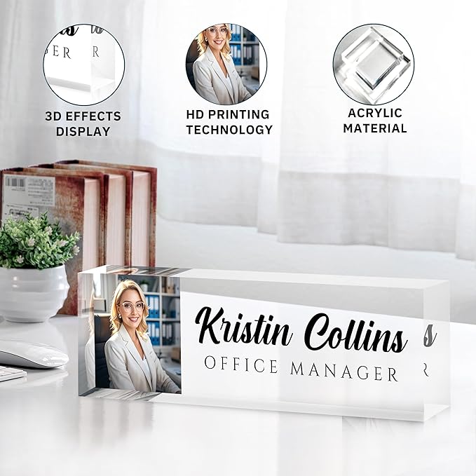 Custom Name Plate for Desk, Personalized Desk Name Plate on Clear Acrylic Glass, Appreciation Gifts for Teacher Employee Boss Coworkers Nurse, Office Desk Accessories for Women Men (Picture)