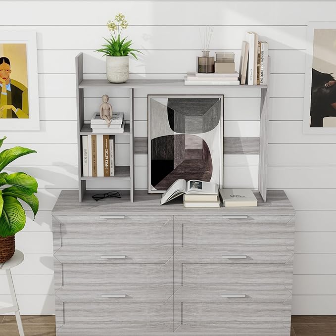 Desktop Bookshelf, Wooden Desk Hutch for Computer Monitor Up to 27'' with 3 Open Storage Shelves, Large 4-Tier Desk Organizer for Dorm Office Home, Wash Grey