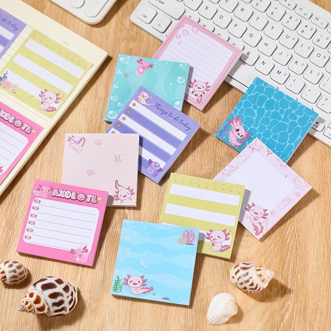 9 Pads Axolotl Sticky Notes 3x3 Inch Cute Self Stick Notepads Notes Adhesive Memo Pad Office Decor Gifts for Students School Teacher Meeting Office Supplies
