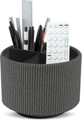 Round Leather Art Supply Organizer,Remote Control Holder,360 Degree Spinning,Multi-Functional Pencil Holder,4 Compartments Desktop Stationary Organizer(1-Wood Black)