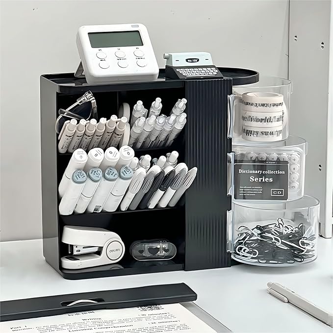 Desk Organizer with Pen Pencil Holder for Desk, Pen Organizer with 3 Drawers, Multi-Functional Desk Organization Deals and Accessories Desktop Storage for Office Home Art Supplies (Black)
