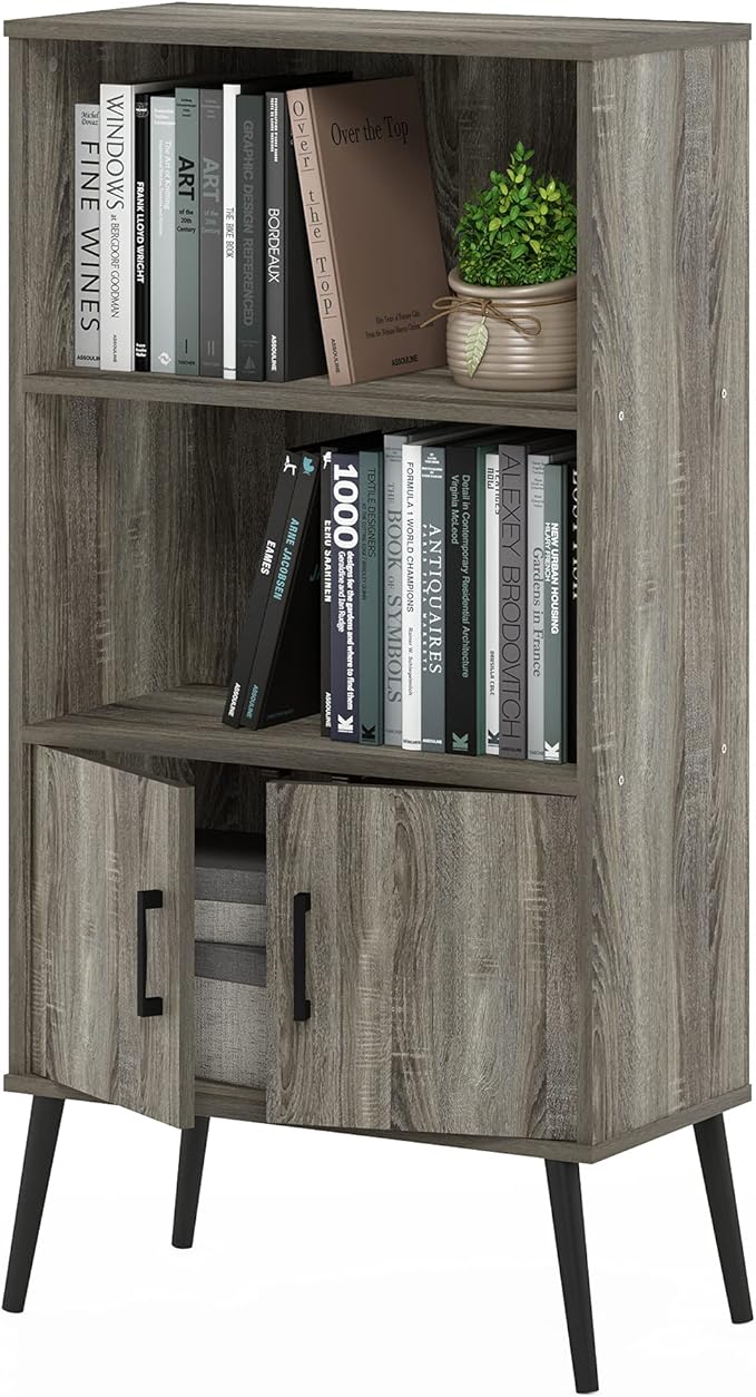 Furinno MIDCENTURY Storage Shelves, Storage Cabinet with Doors and Shelves, Bookshelf with Legs, for Living Room, Home Office, Grey Oak