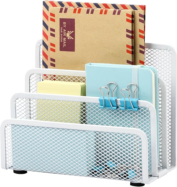 EASEPRES Desk Mail Organizer, Office Small Desktop Metal Mesh Envelope Letter Sorter Paper File Holder Organizer with 3 Vertical Upright Compartments, White 1 Pack