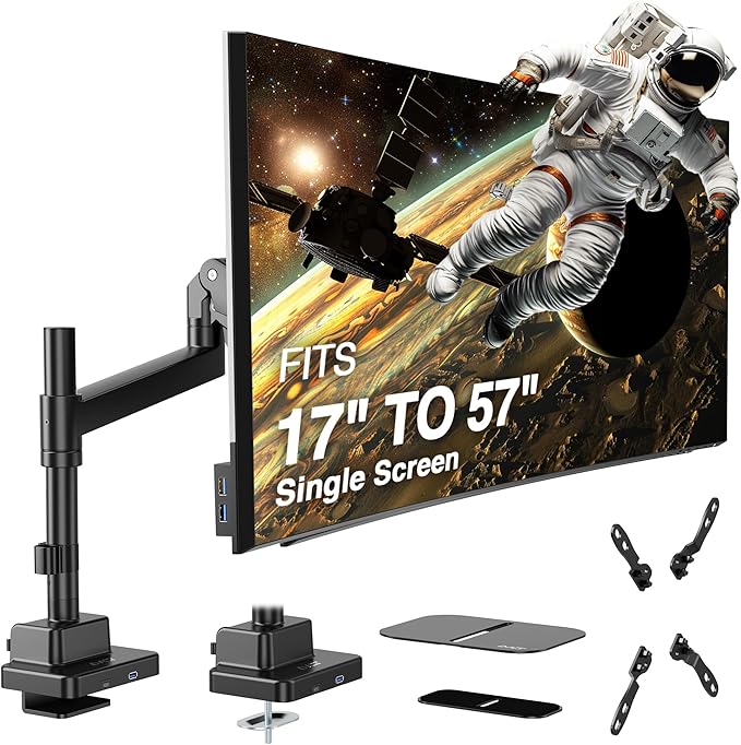 AVLT Single 57 Inch Heavy Duty Monitor Arm Pole Top Mount with USB-C USB-A Ports-Black, Height Adjustable, Easy Install Top C-Clamp/Grommet with Reinforcement Plates, VESA Compatible 200/100/75